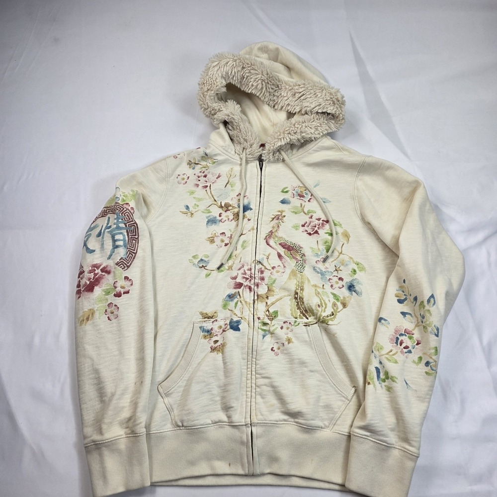 Lucky Brand Hoodie Womens Large White Faux Fur Hood Floral Graphic Full Zip Y2K